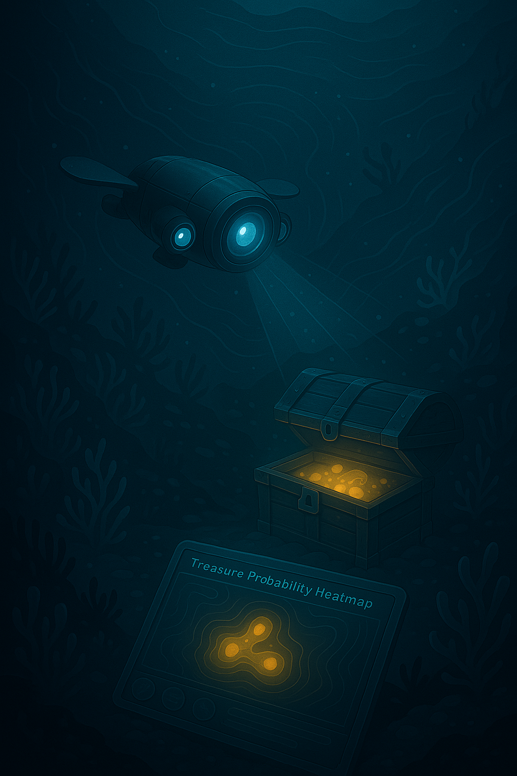 Deep sea treasure exploration scene with underwater drone and treasure chest
