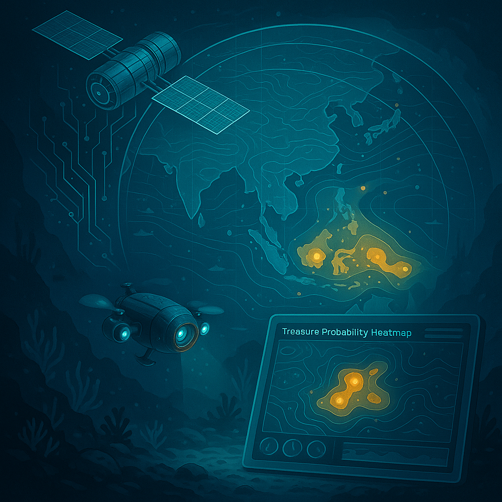 Digital treasure map with satellite data and probability heatmap