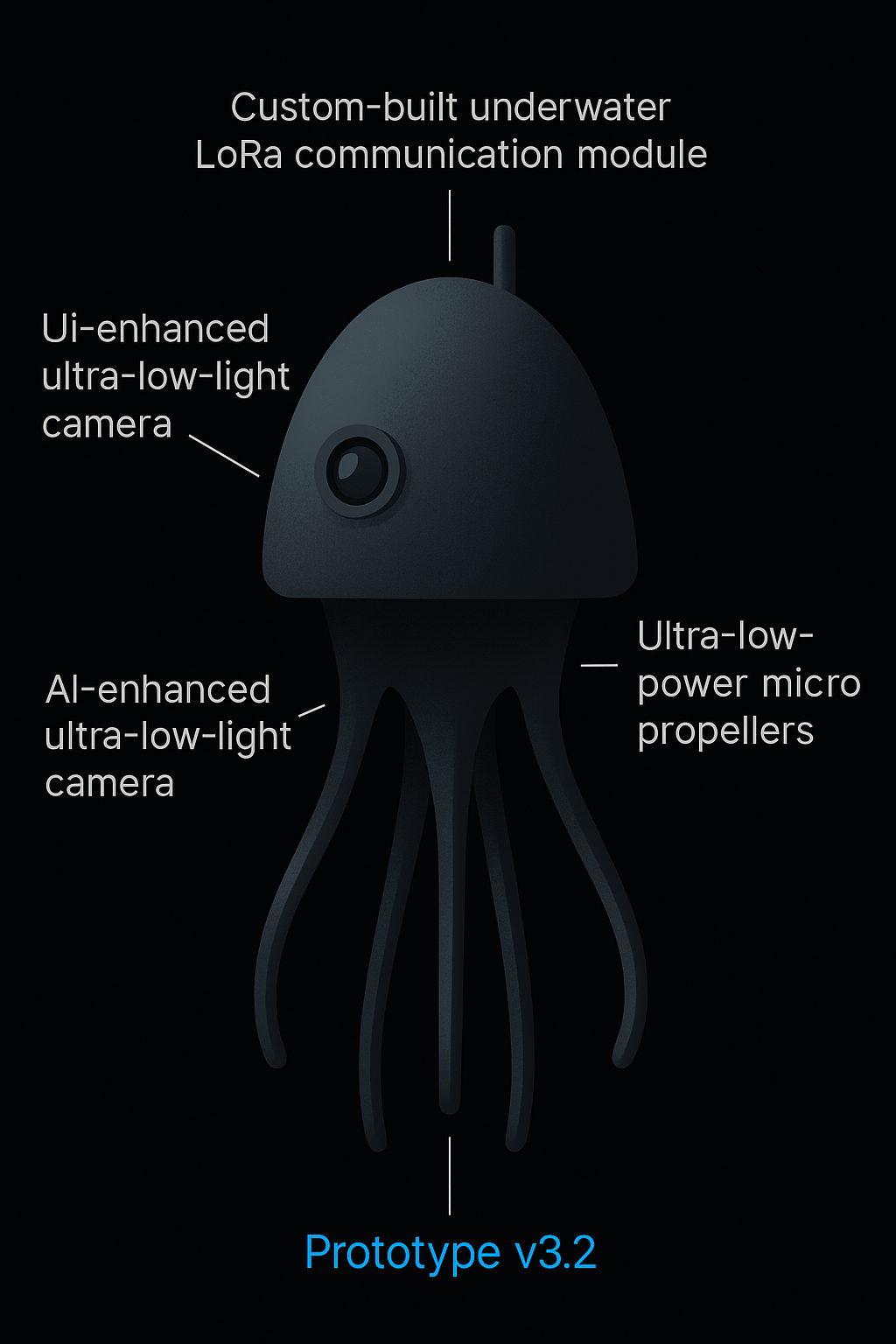 Ultra-miniature deep-sea drone technical diagram with labeled components